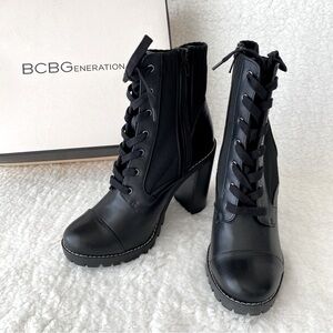 BCBGeneration Women's Pilas Lug Sole Bootie, Faux Leather, Black, Size 9.5